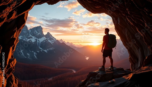 A dramatic 3D-rendered scene of an adventurous man hiker standing at the edge of a cave, gazing out at a breathtaking vista of towering rocky mountains in the distance, generative ai