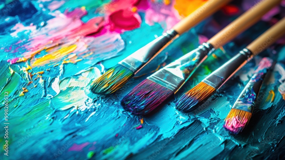 Fototapeta premium Vivid splashes of color on a palette sit next to paintbrushes poised to create abstract art on a textured canvas surface. Generative AI