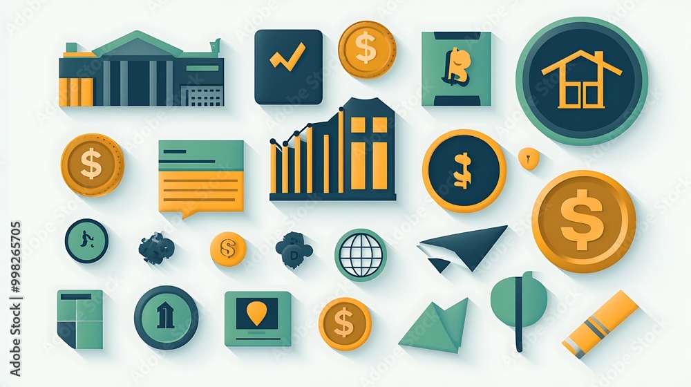 A flat lay of various financial icons, including coins, bonds, stocks, and real estate symbols, representing a diversified investment portfolio. A flat lay of various financial icons, including coins, bonds, stocks, and real estate symbols, representing a diversified investment portfolio.