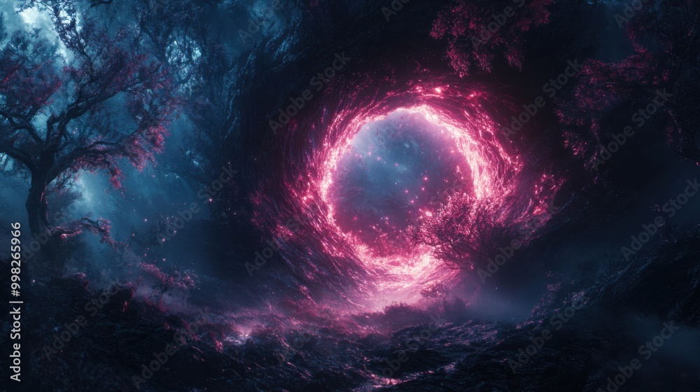 Explore an Ethereal Landscape with a Glowing Portal Surrounded by Mystical Trees Explore an Ethereal Landscape with a Glowing Portal Surrounded by Mystical Trees