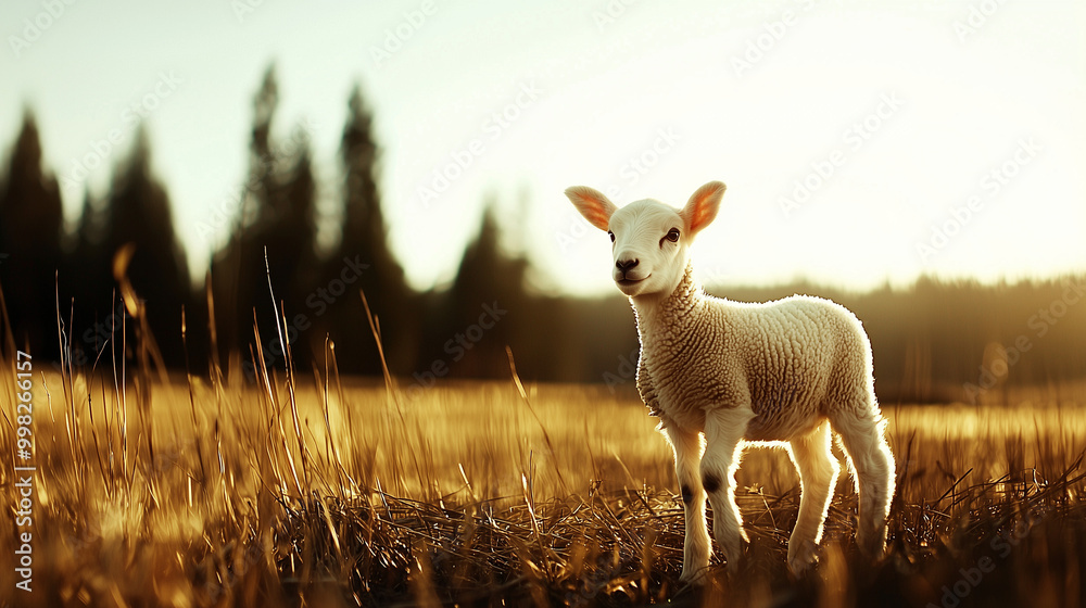 Obraz premium A curious white lamb stands on lush green grass in a serene nordic countryside. Soft sunlight highlights its wool, while distant fields and a clear sky create a peaceful atmosphere.
