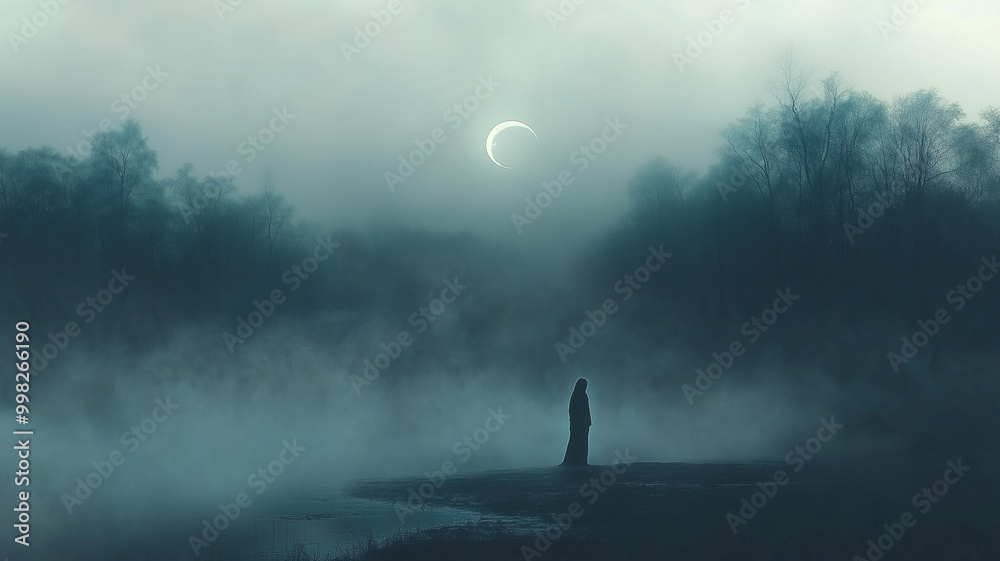 A ghostly figure standing at the edge of a misty forest A ghostly figure standing at the edge of a misty forest