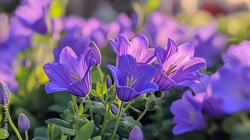 Purple Campanula flower amidst vibrant blossoms, showcasing intricate petal details in a lush garden setting photo