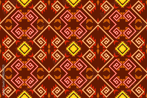 Seamless pattern of ikat, ethnic, geometric shape, ornate, aztec, motif, tribal, boho, ethnic, native repetation vector illutrator for fabric and textile or carpet. Traditional paint tiled pattern. photo