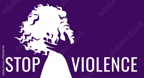 Stop Violence against women banner with silhouette of strong African American woman. Domestic abuse and sexual harassment. Vector illustration