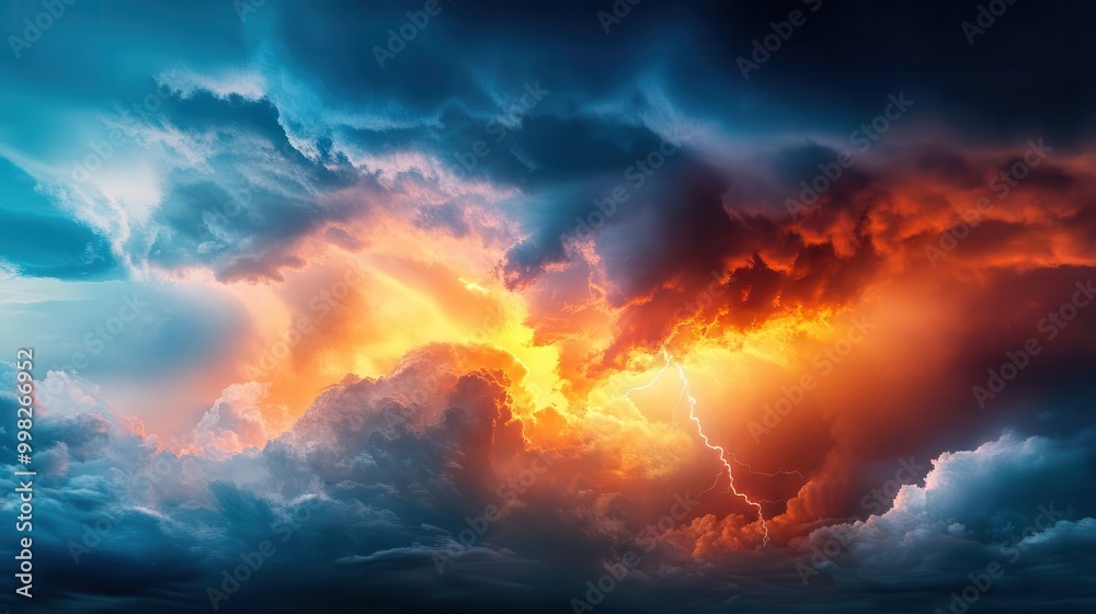 Sky with rolling thunderclouds and distant lightning, suitable for creating a powerful and intense atmosphere in adventure and thriller promotions. Sky with rolling thunderclouds and distant lightning, suitable for creating a powerful and intense atmosphere in adventure and thriller promotions.