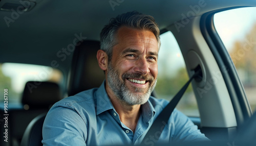 Positive middle aged businessman driving his luxury auto, looking through open window and smiling, going home after working day, car concept 