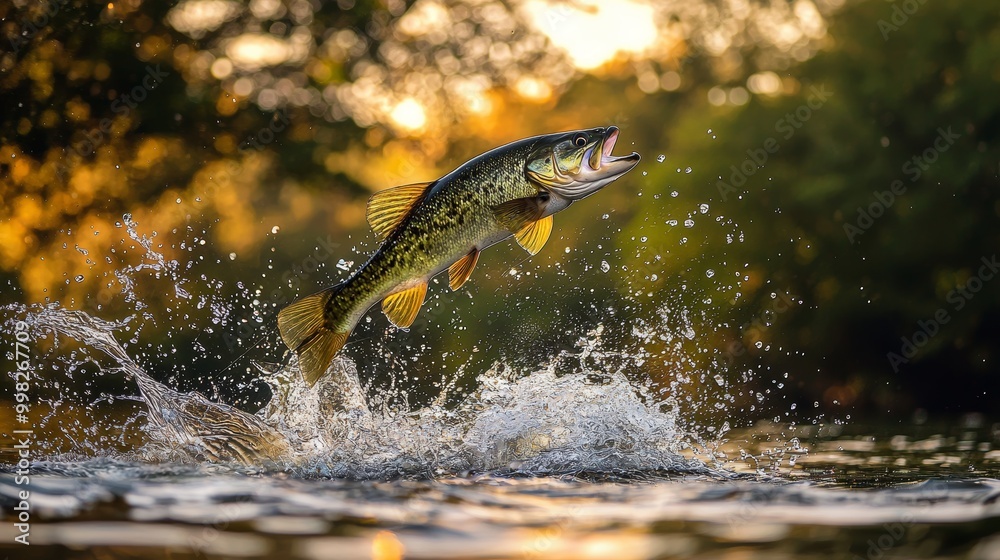 Fototapeta premium A fisherman casts his line at sunrise on a serene river, enveloped by a lush forest and a sky streaked with clouds, epitomizing peaceful fishing.