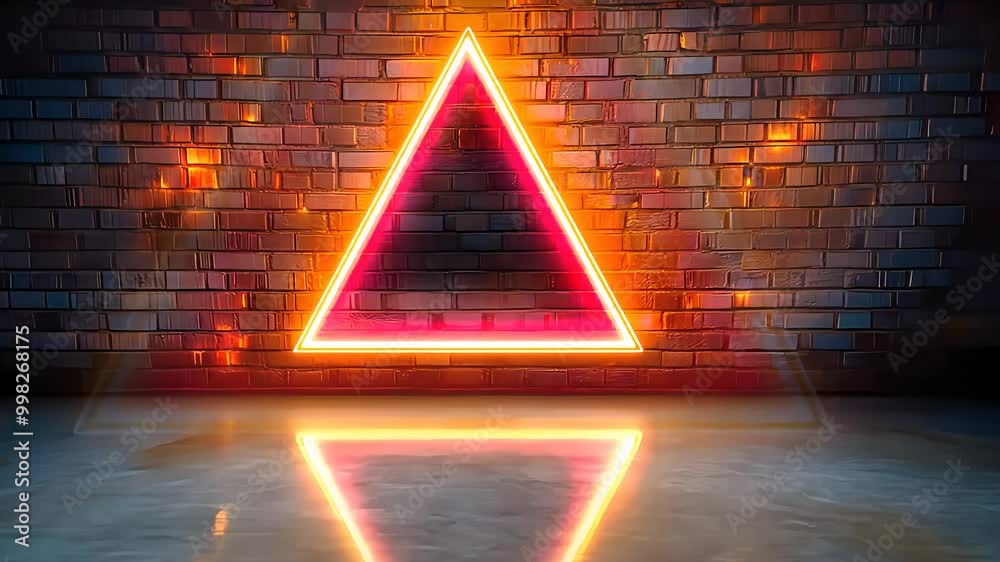Glowing neon triangle on a brick wall with a reflective floor, representing modern design, geometry, and vibrant neon aesthetics.