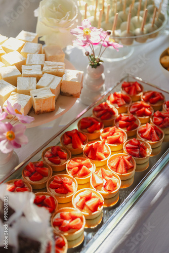 A tray filled with strawberry tarts on a wedding dessert table, surrounded by other confections.