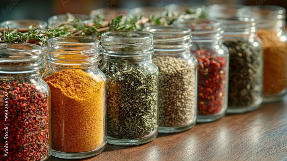 Close-up glass jars filled with various spices and herbs. Arranged for easy access while cooking Close-up glass jars filled with various spices and herbs. Arranged for easy access while cooking