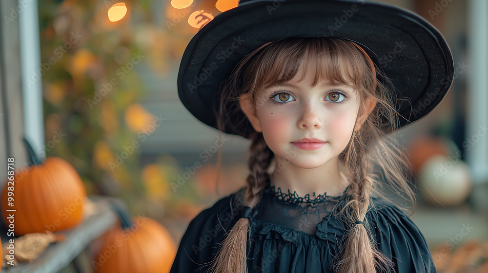 Young girl dressed as a classic Halloween witch with pumpkins and festive bokeh lights in the background Young girl dressed as a classic Halloween witch with pumpkins and festive bokeh lights in the background