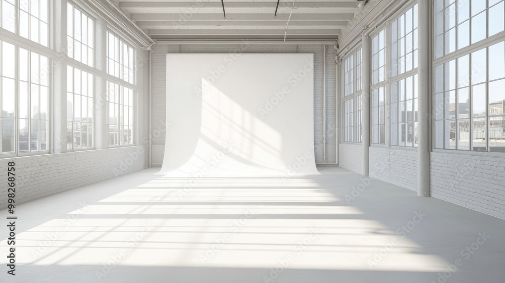 Obraz premium Bright photo studio with large windows and white backdrop, filled with natural light, offering a perfect setting for creative mockups.