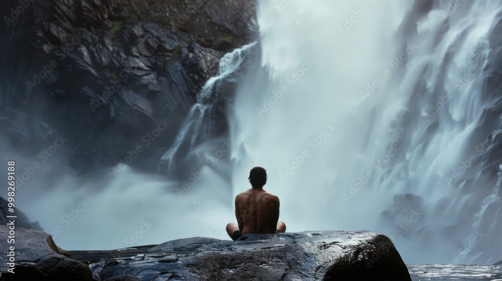 Obraz premium Man Contemplating Waterfall