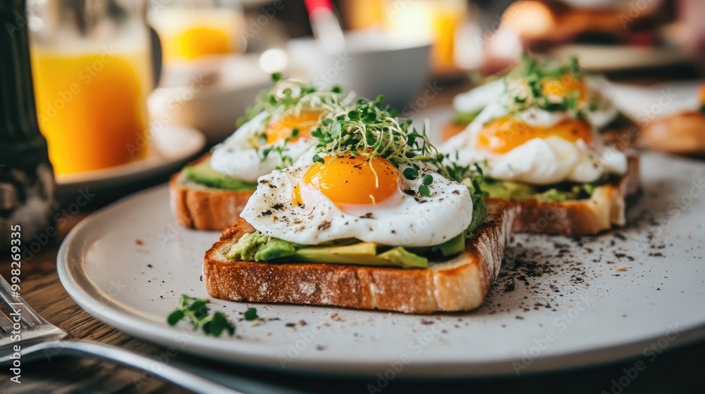 An elegant brunch table set with slices of toasted square bread topped with avocado, poached eggs, and microgreens, illustrating a trendy and healthy dish. An elegant brunch table set with slices of toasted square bread topped with avocado, poached eggs, and microgreens, illustrating a trendy and healthy dish.
