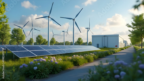 Aerial view of green energy storage facility, surrounded by wind farms and solar fields, integration of renewable sources AI Generative photo