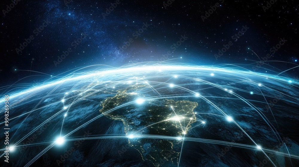Obraz premium Interconnected lines encircling the Earth showcasing a futuristic technology theme with circles and lines representing concepts like the internet social media travel and logistics