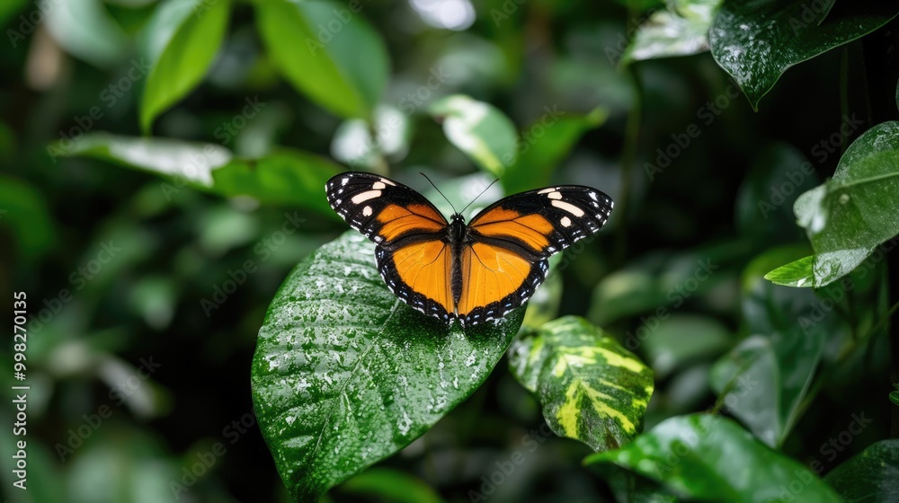 Vibrant Monarch Butterfly on Green Leaf in Rainforest Vibrant Monarch Butterfly on Green Leaf in Rainforest