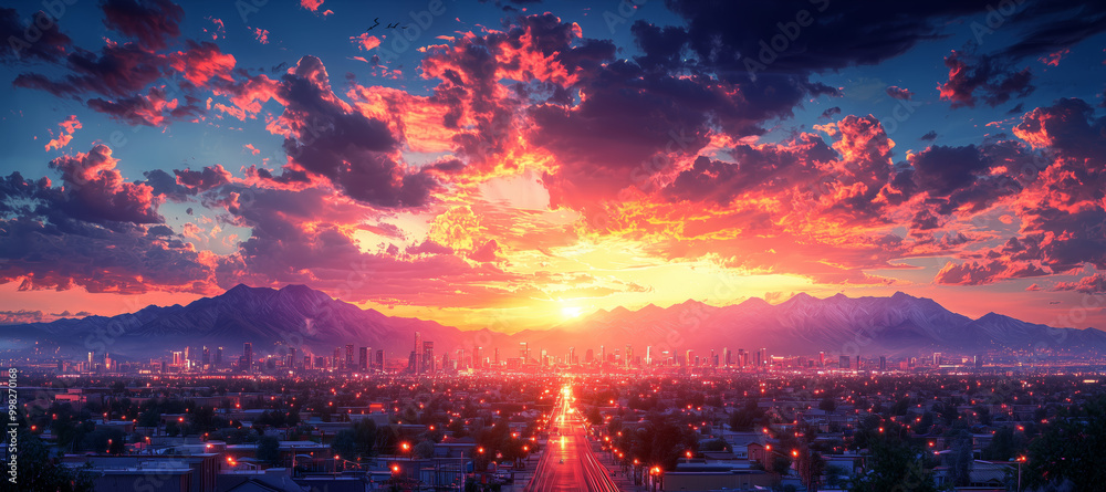 Fototapeta premium Vibrant City Skyline with Mountainous Background