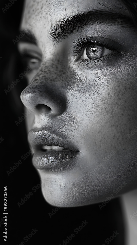 Black and White Close-Up Portrait of a Young Woman with Dramatic Shadows Black and White Close-Up Portrait of a Young Woman with Dramatic Shadows