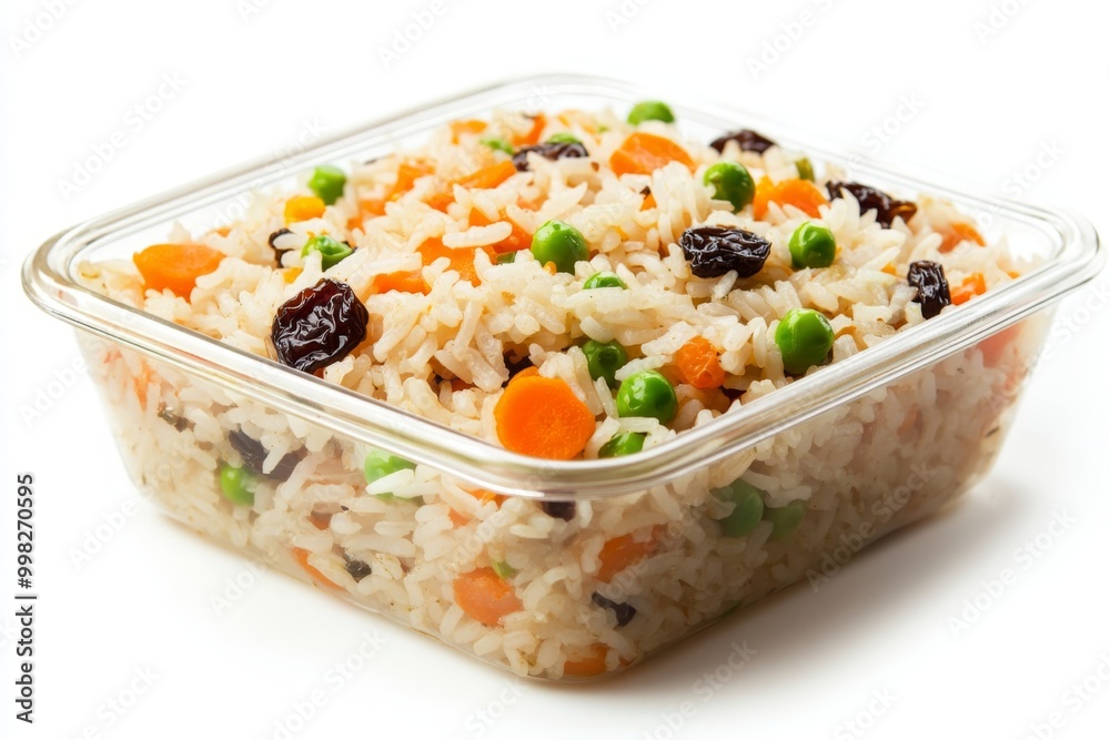 a transparent glass container holding a hearty serving of brazilian-inspired greek rice, complete with tender carrots, plump peas, and juicy raisins