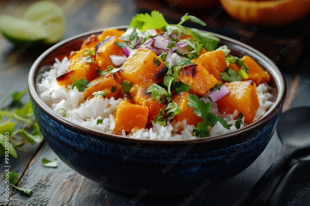 a vibrant and colorful rice bowl filled with roasted butternut squash, fluffy basmati rice, and a rich and creamy curry sauce a vibrant and colorful rice bowl filled with roasted butternut squash, fluffy basmati rice, and a rich and creamy curry sauce