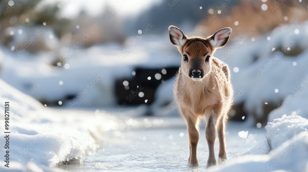 Snowy Scene with Fawn in Tranquil Winter Landscape Snowy Scene with Fawn in Tranquil Winter Landscape