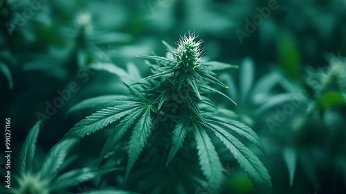 Close-up of a cannabis plant in a lush green setting.