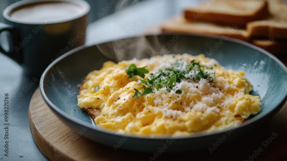 An inviting breakfast scene with scrambled eggs topped with cheese and fresh herbs, served alongside toast and a steaming cup of coffee, promoting a hearty morning meal. An inviting breakfast scene with scrambled eggs topped with cheese and fresh herbs, served alongside toast and a steaming cup of coffee, promoting a hearty morning meal.