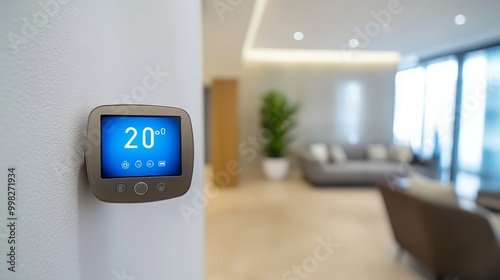 A smart thermostat displaying a temperature of 20 degrees Celsius in a modern living room with blurred background. photo