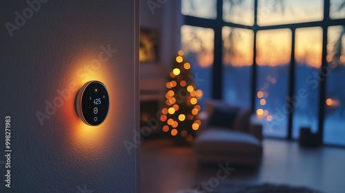 A smart thermostat mounted on a wall with warm lighting, in a cozy living room during sunset with a decorated Christmas tree and large windows in the background.