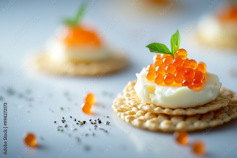 a visually appealing canapã© composed of a delicate portion cracker, a rich pat of butter, and a sprinkle of vibrant red caviar, beautifully presented on a clean white surface. a visually appealing canapã© composed of a delicate portion cracker, a rich pat of butter, and a sprinkle of vibrant red caviar, beautifully presented on a clean white surface.