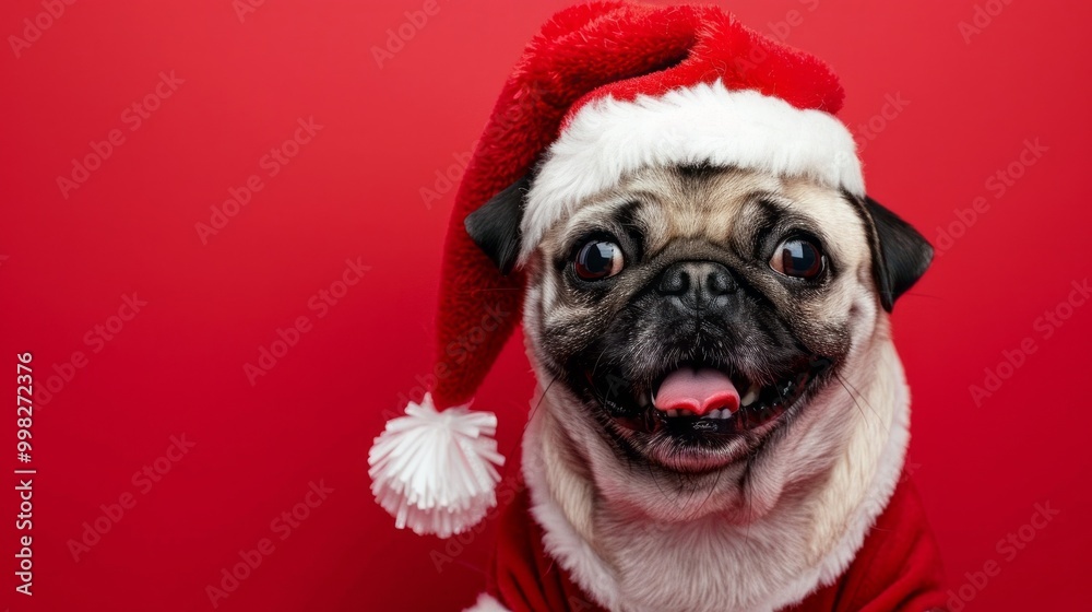 A pug dog is wearing a red hat and a red shirt A pug dog is wearing a red hat and a red shirt