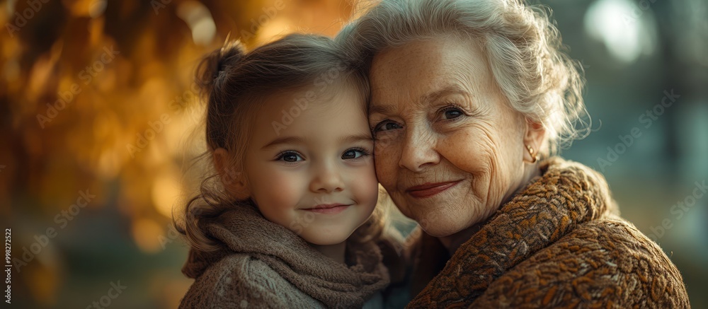Close-up portrait of a grandmother and granddaughter smiling at the camera, surrounded by autumn leaves. Close-up portrait of a grandmother and granddaughter smiling at the camera, surrounded by autumn leaves.