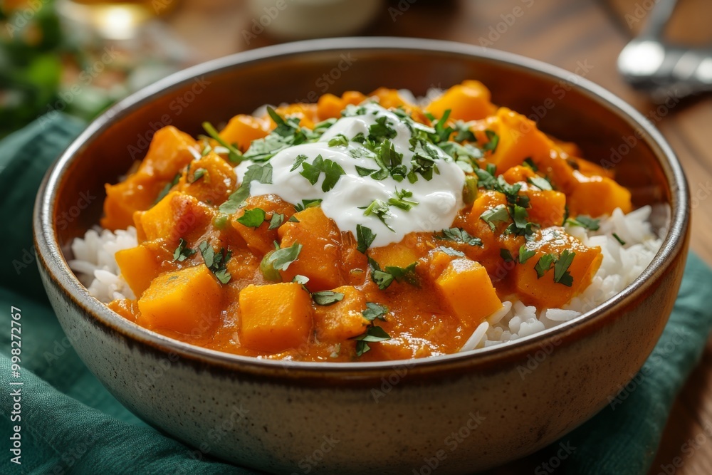 a warm and inviting butternut squash curry rice bowl with a sprinkle of fresh cilantro and a dollop of yogurt on top a warm and inviting butternut squash curry rice bowl with a sprinkle of fresh cilantro and a dollop of yogurt on top