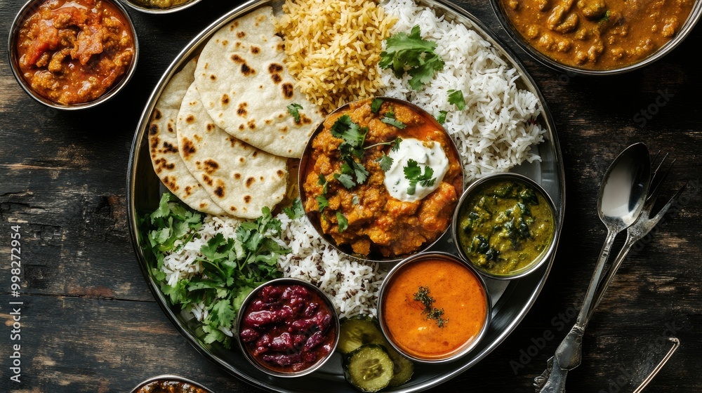An overhead view of a traditional Indian thali, featuring an assortment of curries, flatbreads, and pickles, capturing the diversity and flavors of Indian food culture. An overhead view of a traditional Indian thali, featuring an assortment of curries, flatbreads, and pickles, capturing the diversity and flavors of Indian food culture.