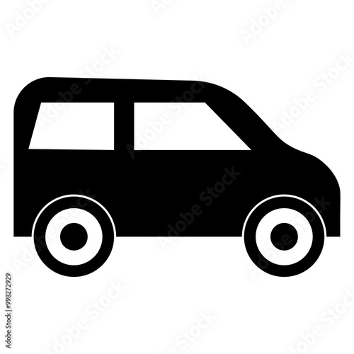 Black car icon, simple compact design, geometric shapes, minimalist appearance, two windows, round wheels, clean lines, white background, personal vehicle, urban transportation, city driving.