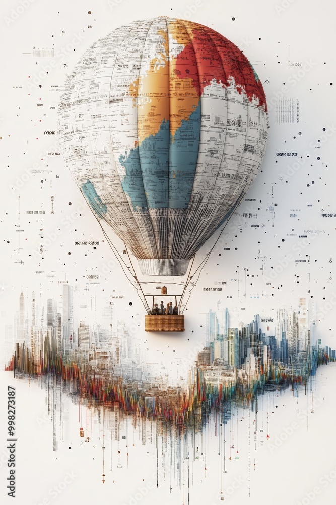 custom made wallpaper toronto digitala whimsical design featuring a hot air balloon made up of layered charts and graphs, rising above a landscape of data points, representing data-driven exploration