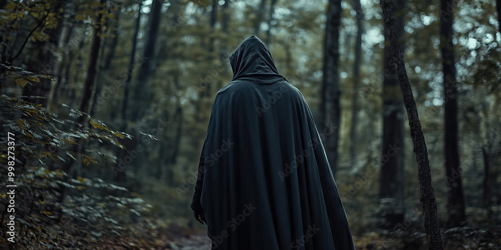 Whispering Woodland Wanderer: A figure draped in a flowing cloak, walking silently through the twilight woods. Whispering Woodland Wanderer: A figure draped in a flowing cloak, walking silently through the twilight woods.