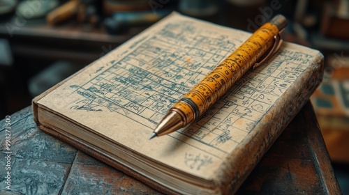 A vintage notebook with a yellow pen lies open on a wooden table.