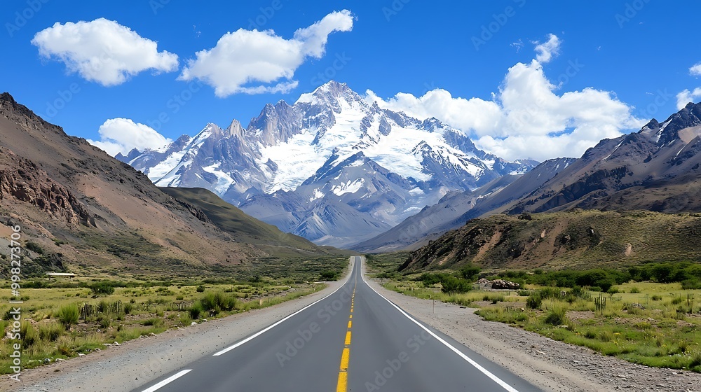 Fototapeta premium Scenic road leading to majestic snow-capped mountains.