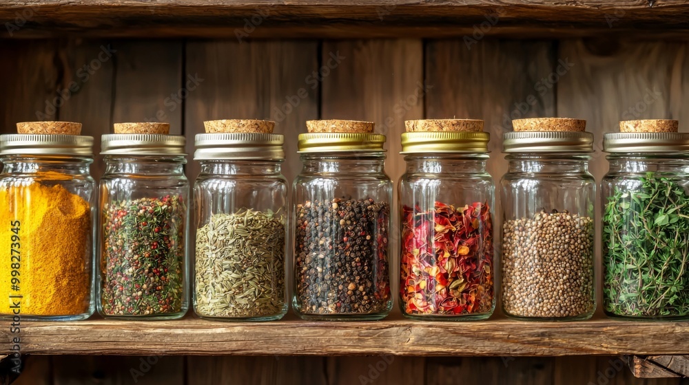 Close-up glass jars filled with various spices and herbs. Arranged for easy access while cooking Close-up glass jars filled with various spices and herbs. Arranged for easy access while cooking
