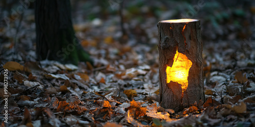 Leafy Lantern Luminary: A rustic lamp made from a hollowed-out tree, casting a warm glow on the forest floor.