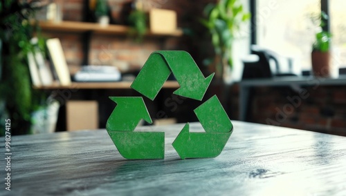 Recycling logo in the background blurred modern office, a concept of doing business and environmentalism