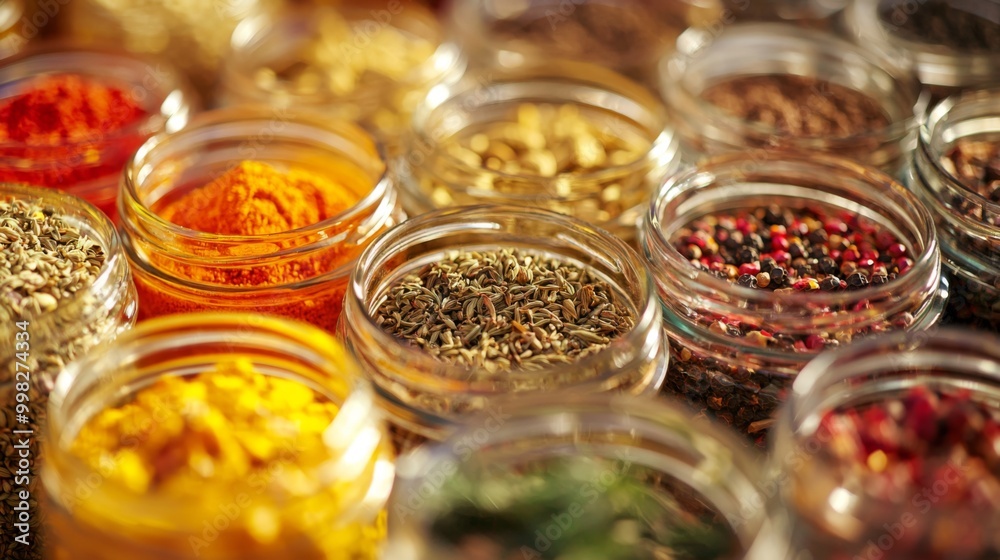 Close-up glass jars filled with various spices and herbs. Arranged for easy access while cooking Close-up glass jars filled with various spices and herbs. Arranged for easy access while cooking