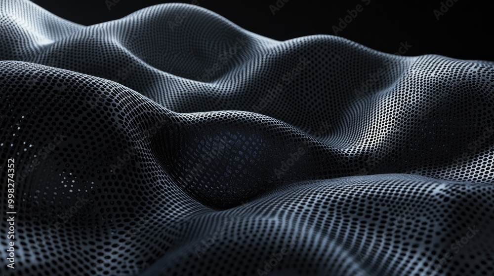Surface with waves and perforations evoking the appearance of fabric or porous material against a dark backdrop Surface with waves and perforations evoking the appearance of fabric or porous material against a dark backdrop