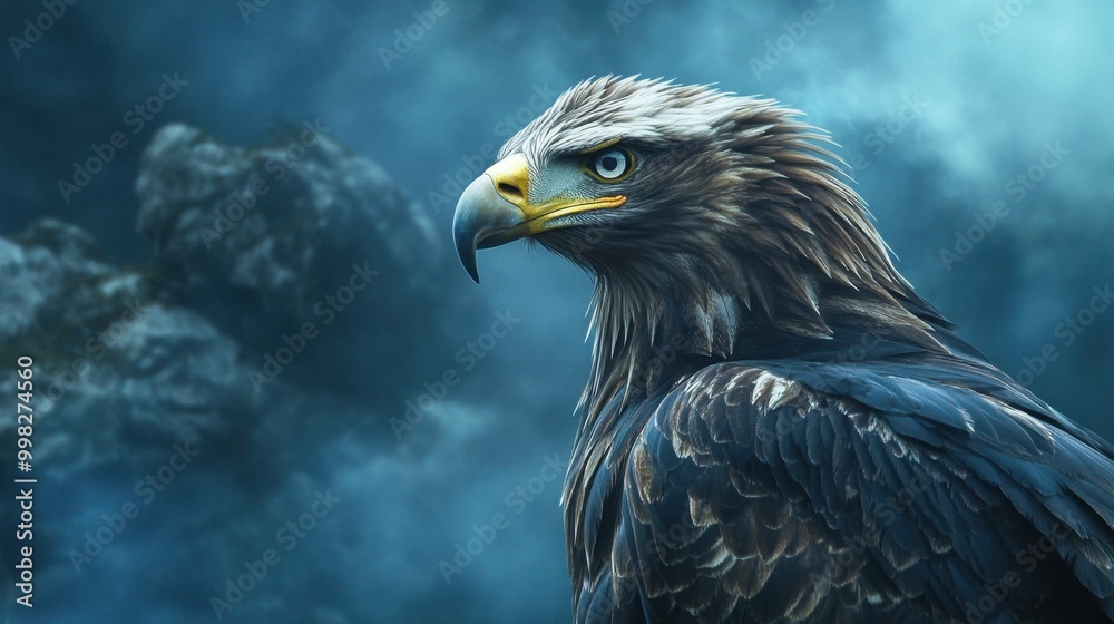 Fototapeta premium Eagle's fierce eyes and golden beak stand out in a moody, mist-filled setting with dark, shadowy lighting.