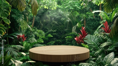 Product display on a wooden podium surrounded by a vibrant tropical forest with a lush green background 3D rendering photo