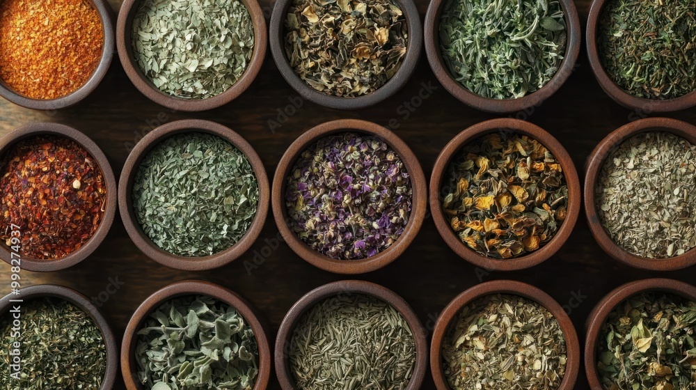 Assortment of Dried Herbs and Spices in Wooden Bowls Assortment of Dried Herbs and Spices in Wooden Bowls