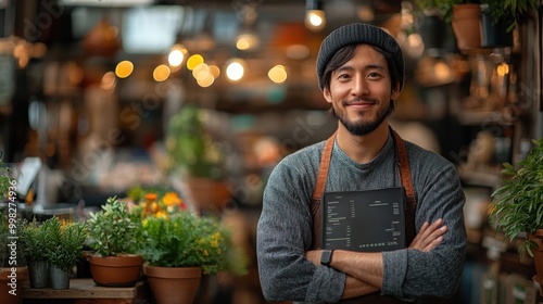 A young Asian man with a beard, wearing a black beanie and an apron, is smiling at the camera and standing in front of a plant shop with his arms crossed. He is holding a tablet with a menu on it.